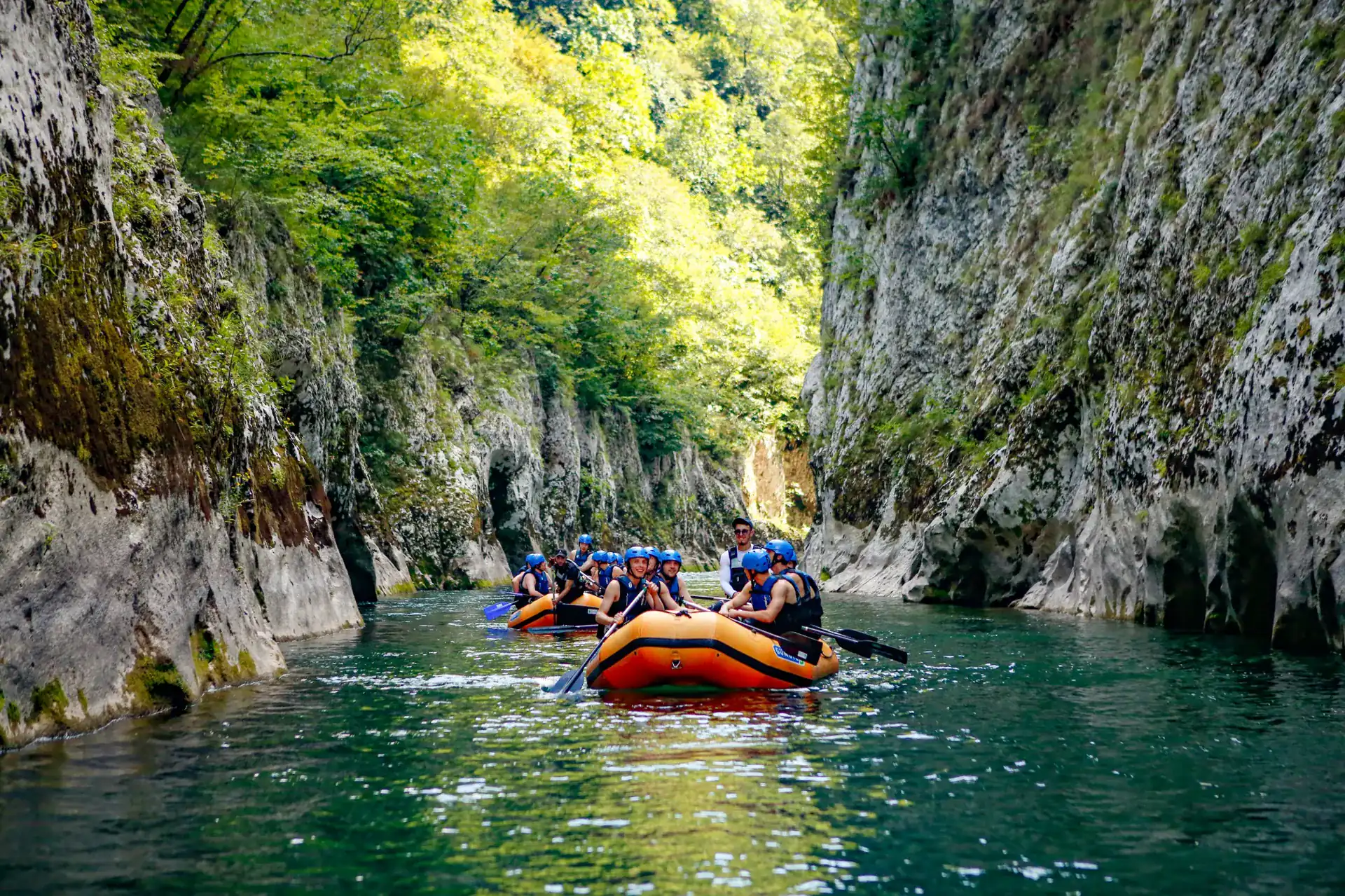 White water rafting adventure on the emerald Neretva River through the stunning canyon near Konjic, Bosnia